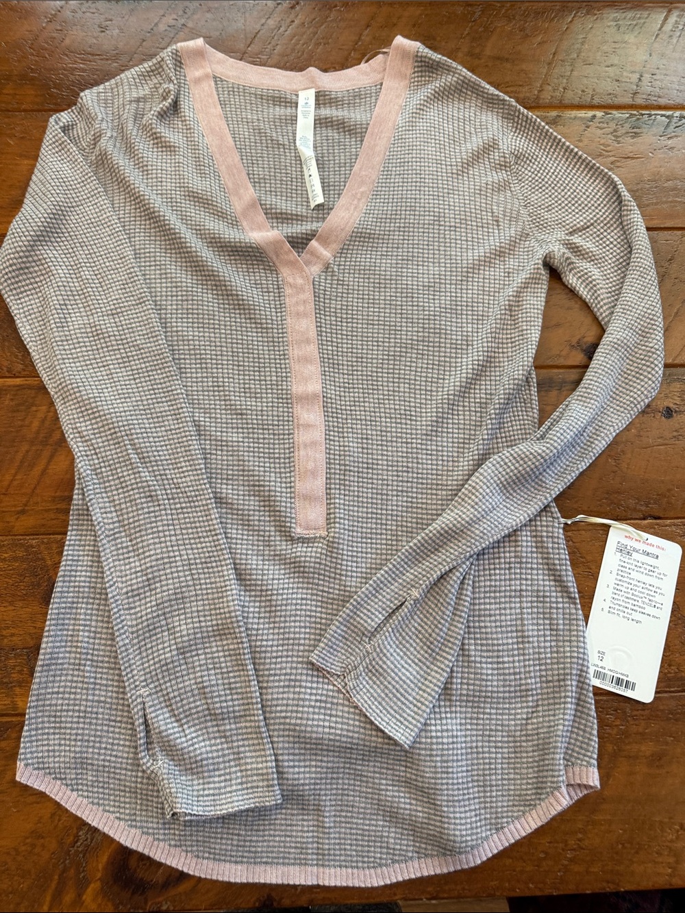 lululemon athletica Heathered Gray Waffle V-Neck Top with Pink Trim